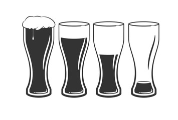 set of black beer glasses with beer on white background