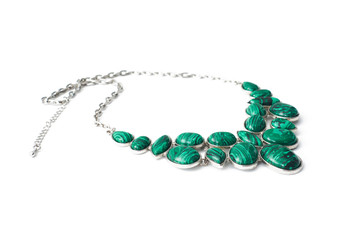 jewelry jewels bijouterie necklace with green malachite stones and silver chain isolated on white background