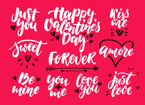 Valentine s Day lettering vector set. Isolated handwriting calligraphy love quotes and inscriptions.