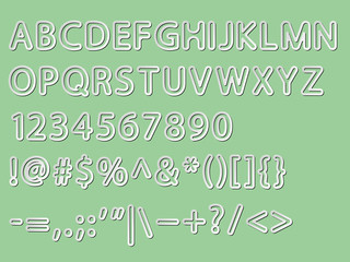 vector gradient grey rounded contour font alphabet, numeral and signs with shadow and white glow, line paper or metallic effect