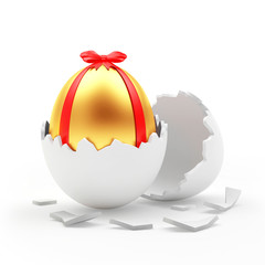 Golden Easter egg with red ribbon in a white eggshell. 3D illustration