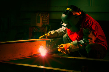 Industrial Worker at the factory welding closeup