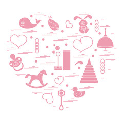 Vector illustration kids elements arranged in a heart: bird, wha