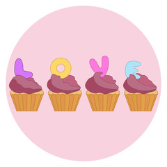 Cute colorful vector illustration of love symbols: cupcakes with