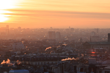 Aerial view of beautiful city of  Paris from Montmartre at sunset, France 
