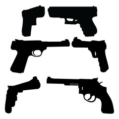 Gun Silhouettes is an illustration of three types of guns in both a side view and three quarter view in silhouette style.