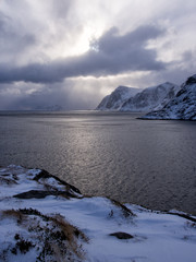 Dramatic sky over the sea near the village of Å on Lofoten, Norway