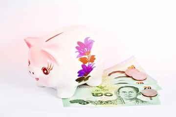 Piggy bank. Savings. Insert coin into piggy bank. Finance and Financial
