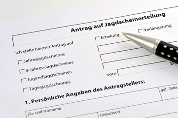 Jagdschein, Formular, Antrag, Jagd, Jäger, Jagdrevier, Kugelschreiber, Jagdausübung, Deutschland,...