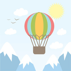 vector illustration hot air balloon flying in the sky between the mountains. background, card