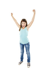 Portrait of a beautiful and confident girl with arms on the air. Isolated on white background....