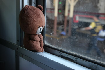 brown bear doll lonely beside train window