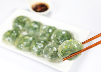 Steamed Dumpling stuffed with Garlic Chives and Taro and bamboo