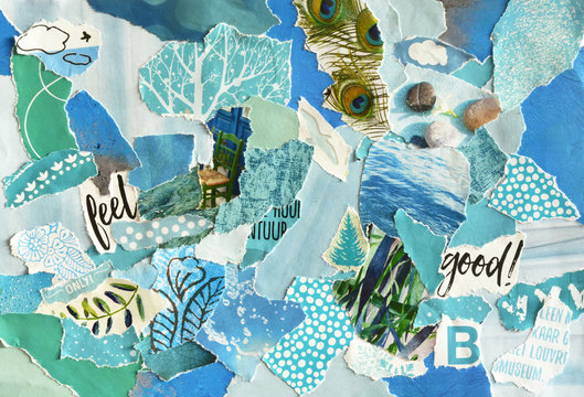 Creative Atmosphere art mood board collage sheet in color idea  blue ,green, aqua and turquoise made of teared magazines and printed matter paper with colors and textures
