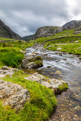 Stream in Llanberis Pass, in Snowdonia from the south-east to Llanberis, over Pen-y-Pass, between the mountain ranges of the Glyderau and the Snowdon massi