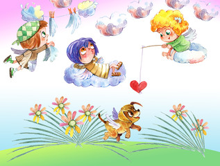 Little Angels, dog, Valentine's Day, watercolor