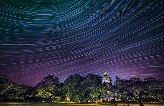 Startrails night sky over the watertower