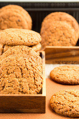 Group of oatmeal cookies on the wooden tray