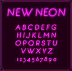 Neon Italic Font Type Alphabet. Glowing in Vector. With Numbers.