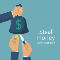 Steal money concept. Bag of money in hand, thief pickpocket with a knife in hand, cut bag and takes the money. Vector illustration flat design. Isolated on background. Criminal financial fraud.