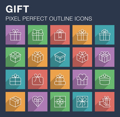 Set of pixel perfect outline gift icons with long shadow. Editable stroke.