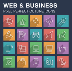 Set of pixel perfect outline web and business icons with long shadow. Editable stroke.