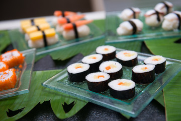 Delicious sushi set on dish