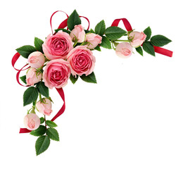 Pink rose flowers and buds arrangement and silk ribbon bow