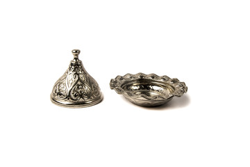 tyrkish silver metal cup tray for Delight, raisins or small candied fruit, nuts on a white background