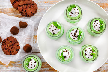 mint Cheesecake Mousse topped with whipped cream, chocolate chip