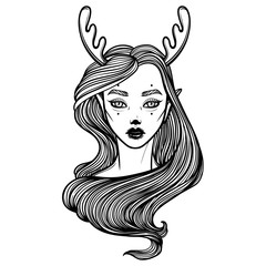 Illustration with beautiful girl Dryad. Mythical female deer. Tattoo print, coloring books or print clothes.