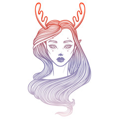 Illustration with beautiful girl Dryad. Mythical female deer. Tattoo print, coloring books or print clothes.