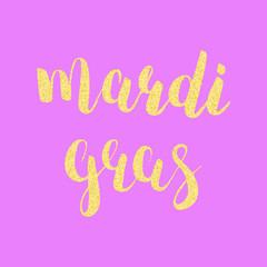 Mardi Gras glitter gold brush lettering.