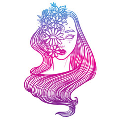 Illustration with beautiful girl Dryad. Mythical female with floral mask. Tattoo print, coloring books or print clothes.