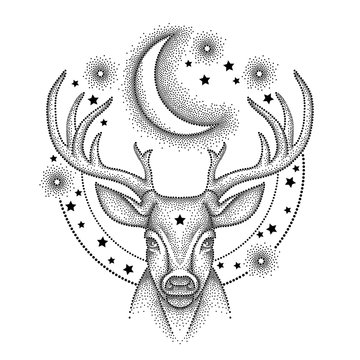 Vector illustration with dotted head deer with antlers, half moon and star in black isolated on white background. Astronomy symbols with crescent, stars and deer in dotwork style for tattoo design.