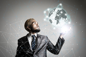 Businessman hands  with global connection network technology , B