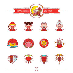 Vector Illustration of Happy Chinese New Year Icons Set. Modern Linear Style.
