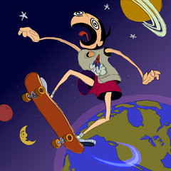 Graphic, loose, animated illustration of a man on a skateboard jumping from the earth all the way into space.
