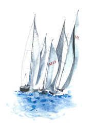 Yachts boats watercolor painting illustration isolated on white background - obrazy, fototapety, plakaty