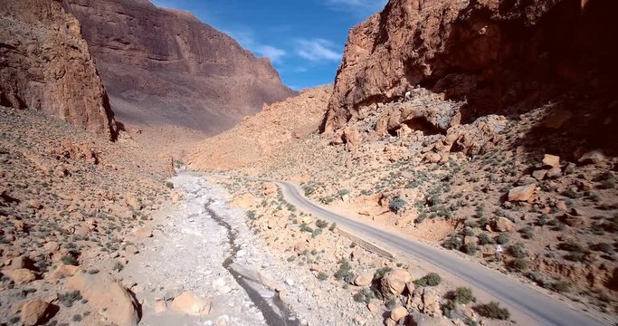Aerial, Gorges Du Todra, Todra Gorge, Morocco. Graded and stabilized version. Watch also for the native material, straight out of the camera.