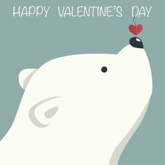Cover design.Polar bear with decorative red heart on the blue background.In the top of the image the phrase Happy Valentine's day.