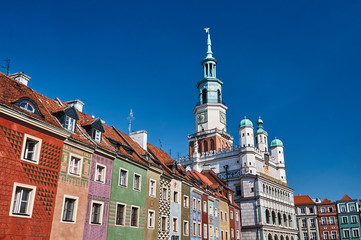 Townhouses and town hall in the Old Market Square in Poznan.