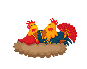 Chinese New Year 2017, Rooster Couple Character Illustration in Various Activities.