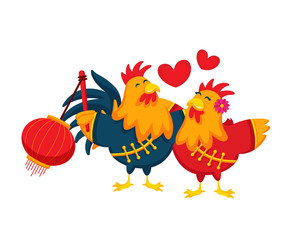 Chinese New Year 2017, Rooster Couple Character Illustration in Various Activities.