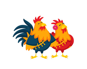 Chinese New Year 2017, Rooster Couple Character Illustration in Various Activities.