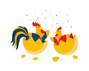 Chinese New Year 2017, Rooster Couple Character Illustration in Various Activities.