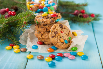 cookies with a color dragee on a Christmas table, selective focus, copy space