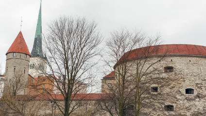 Walls of Old Town of Tallinn. Fat Margaret's Tower and St Olaf's Church, Tallinn's Medieval Old...