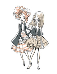 Sketch of cute cartoon girls.