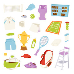 Vector illustration of various stylized tennis icons.
